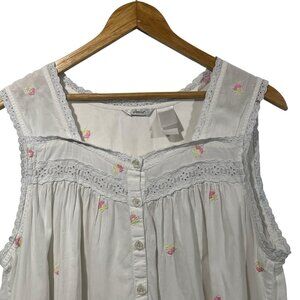 Adonna Long Sleeveless Nightgown White Pink Floral Embroidered Sz XL  Cottage